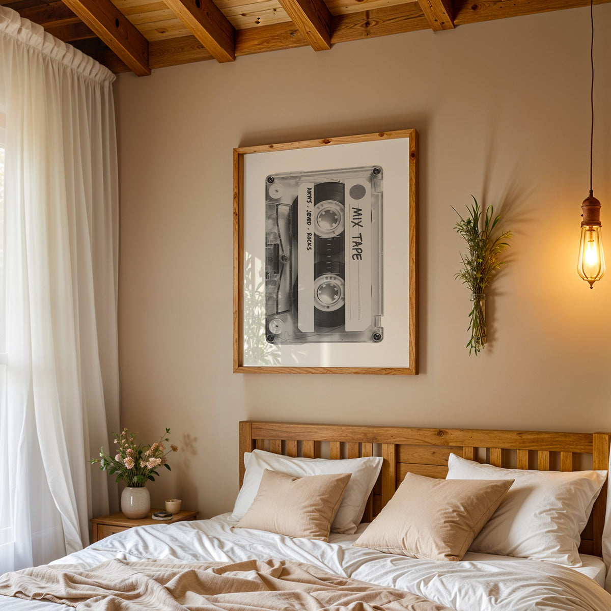 Clear mix tape cassette with handwritten label print in a pine frame above a wood headboard bed under a pendant bulb
