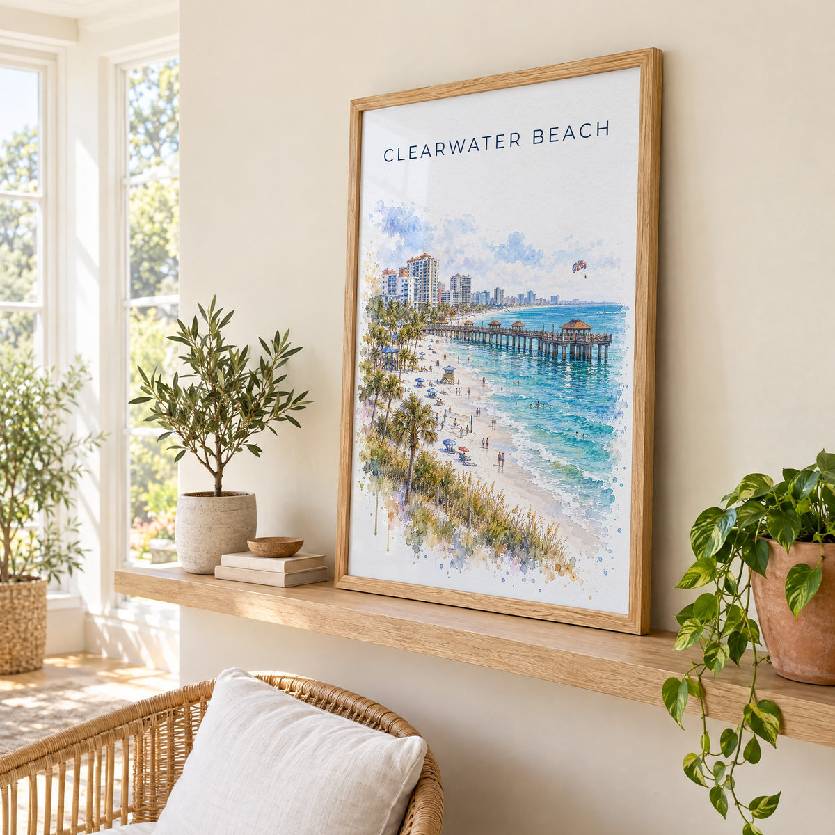 Clearwater Beach watercolor print in an oak frame on a picture ledge in a sunlit sunroom