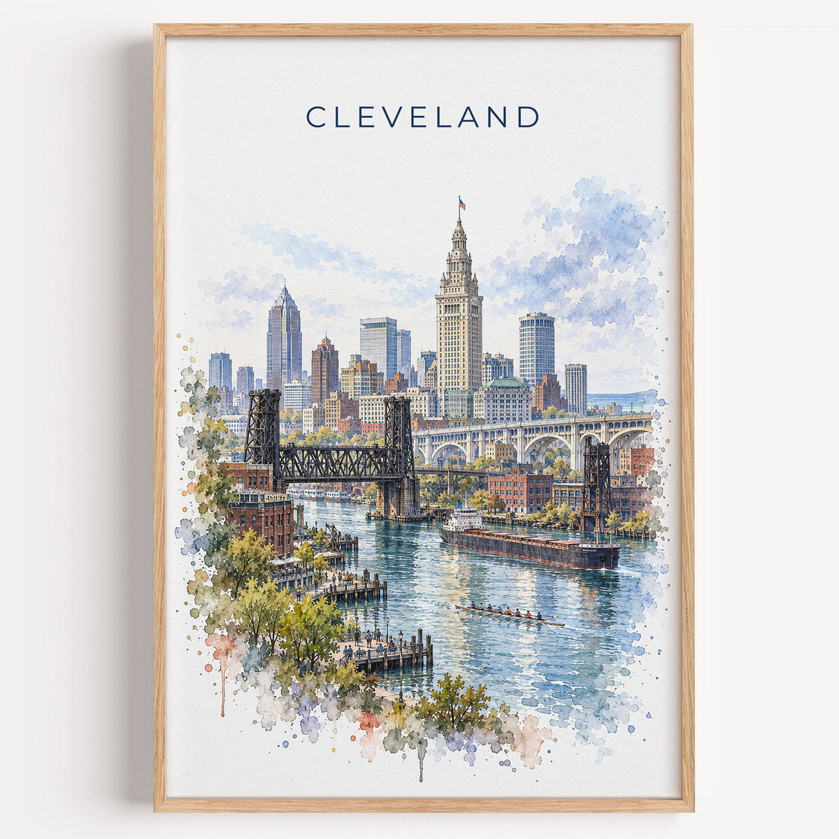 Cleveland watercolor print in a light oak frame on a plain white wall