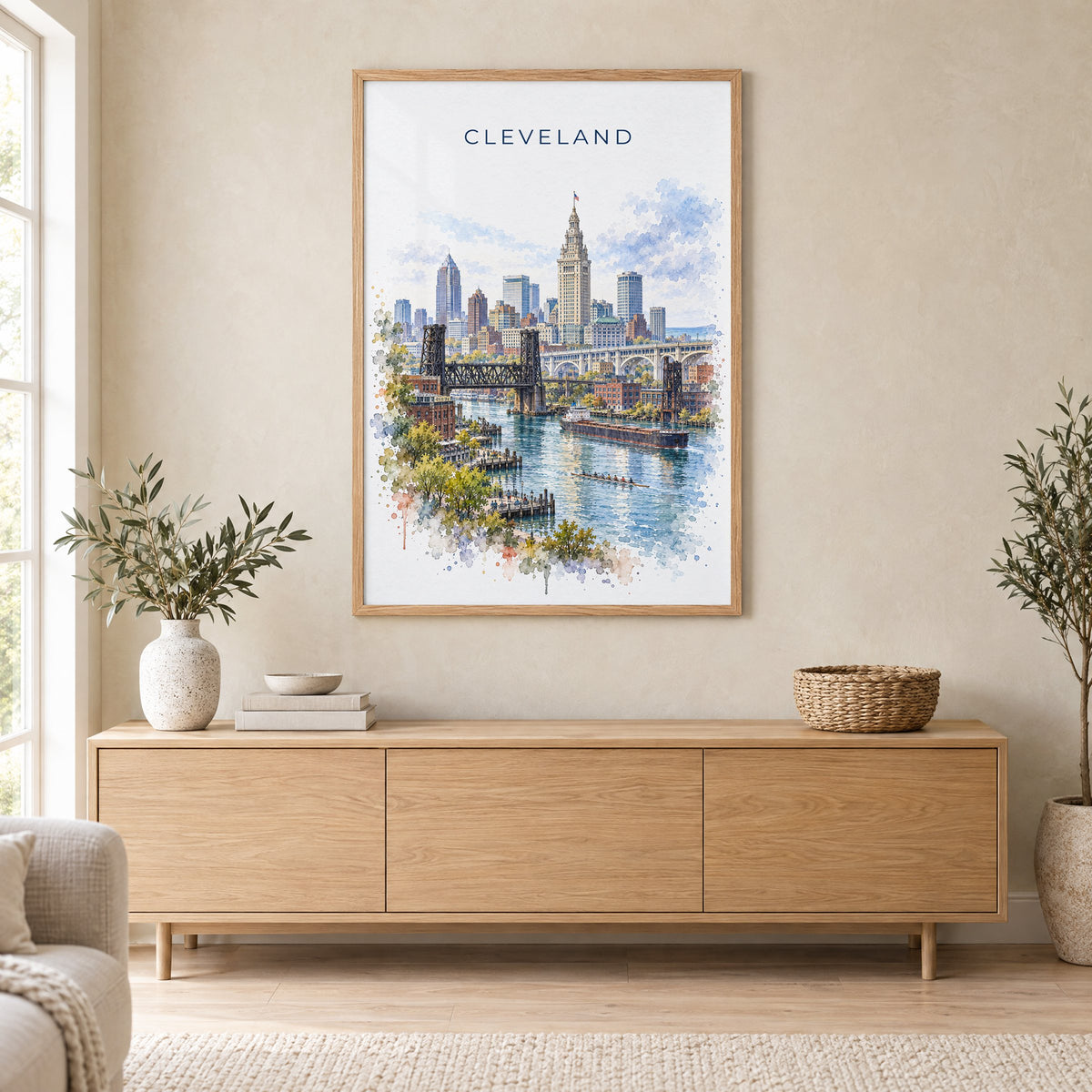 Cleveland watercolor print in an oak frame above a light wood sideboard in a Scandinavian living room