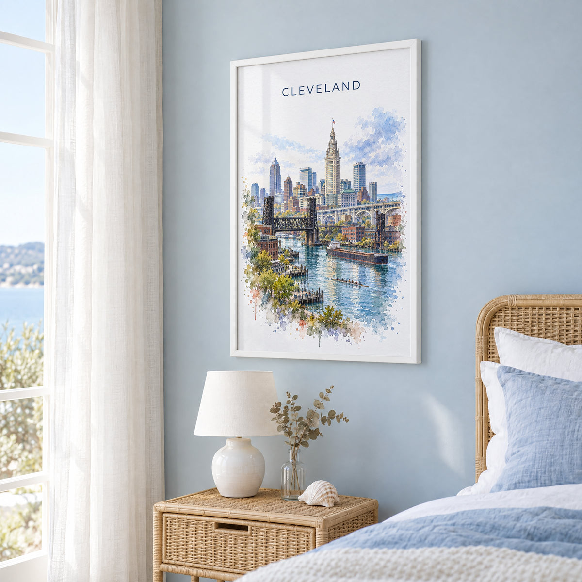 Cleveland watercolor print in a white frame on a pale blue wall beside a rattan bed in a coastal bedroom