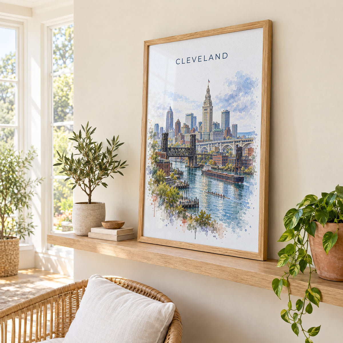 Cleveland watercolor print in an oak frame on a picture ledge in a sunlit sunroom