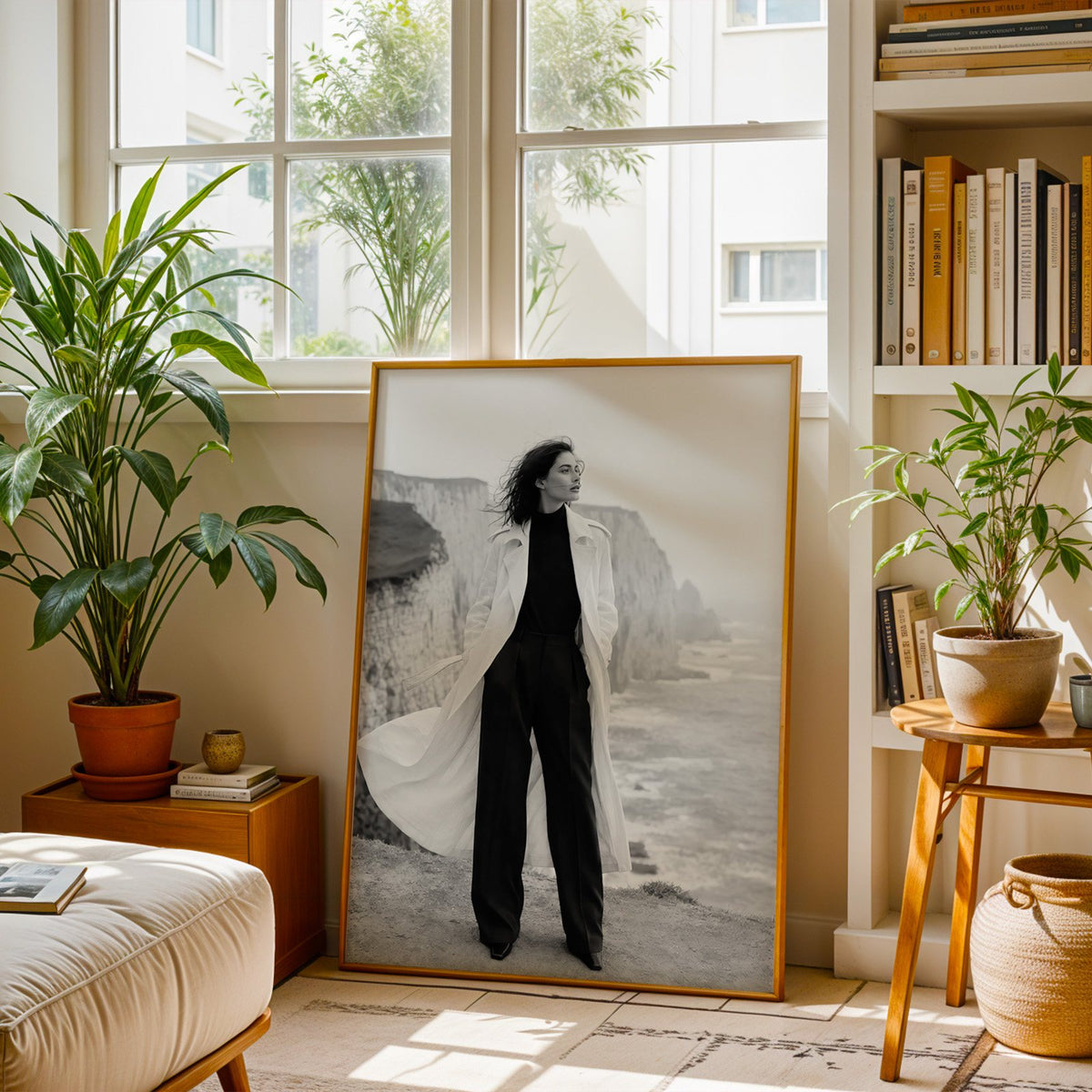 Black and white model in white trench on cliffs print shown in a brass frame leaning on a sunlit living room floor