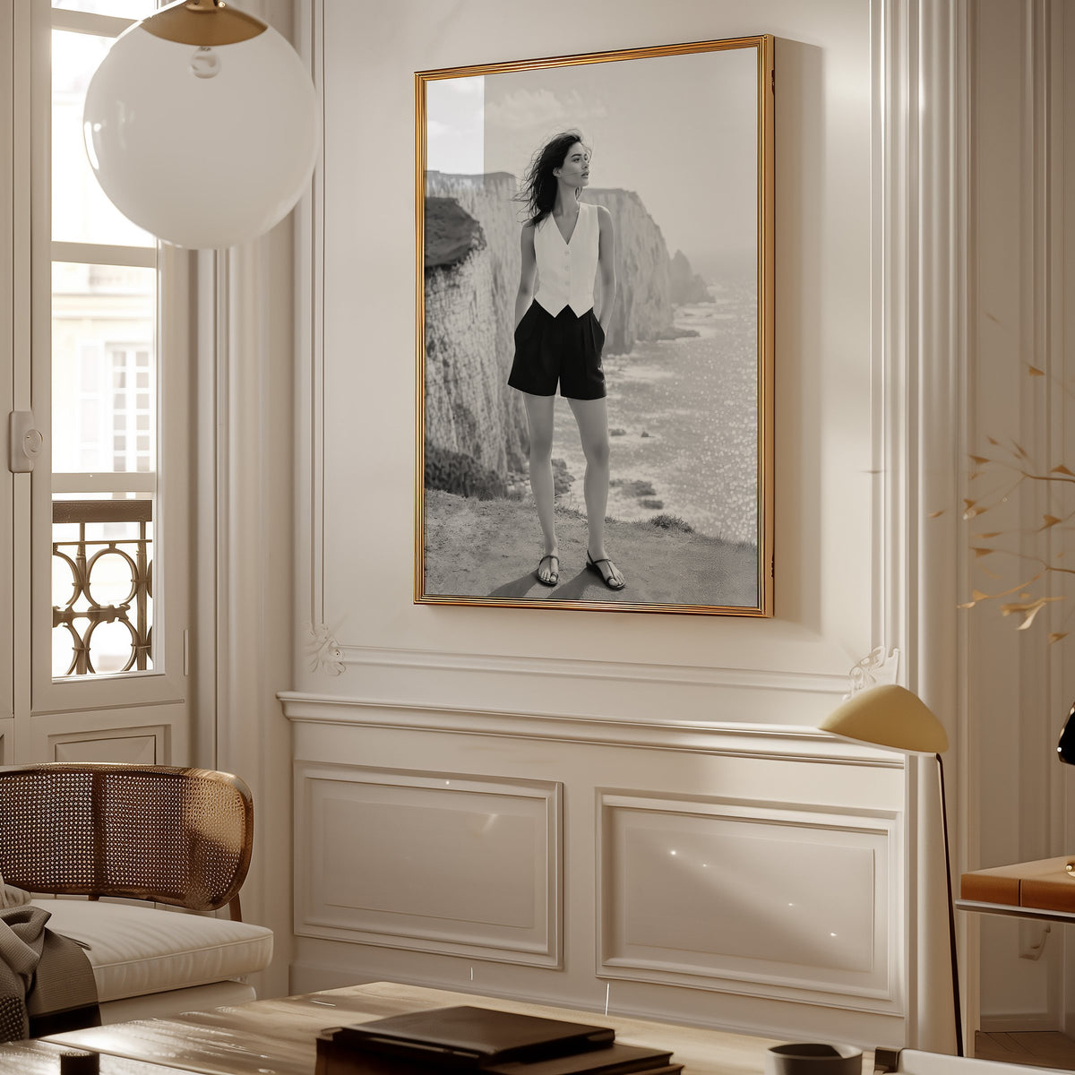 Black and white model in white vest on cliffs print shown in a gold frame in a Parisian paneled living room