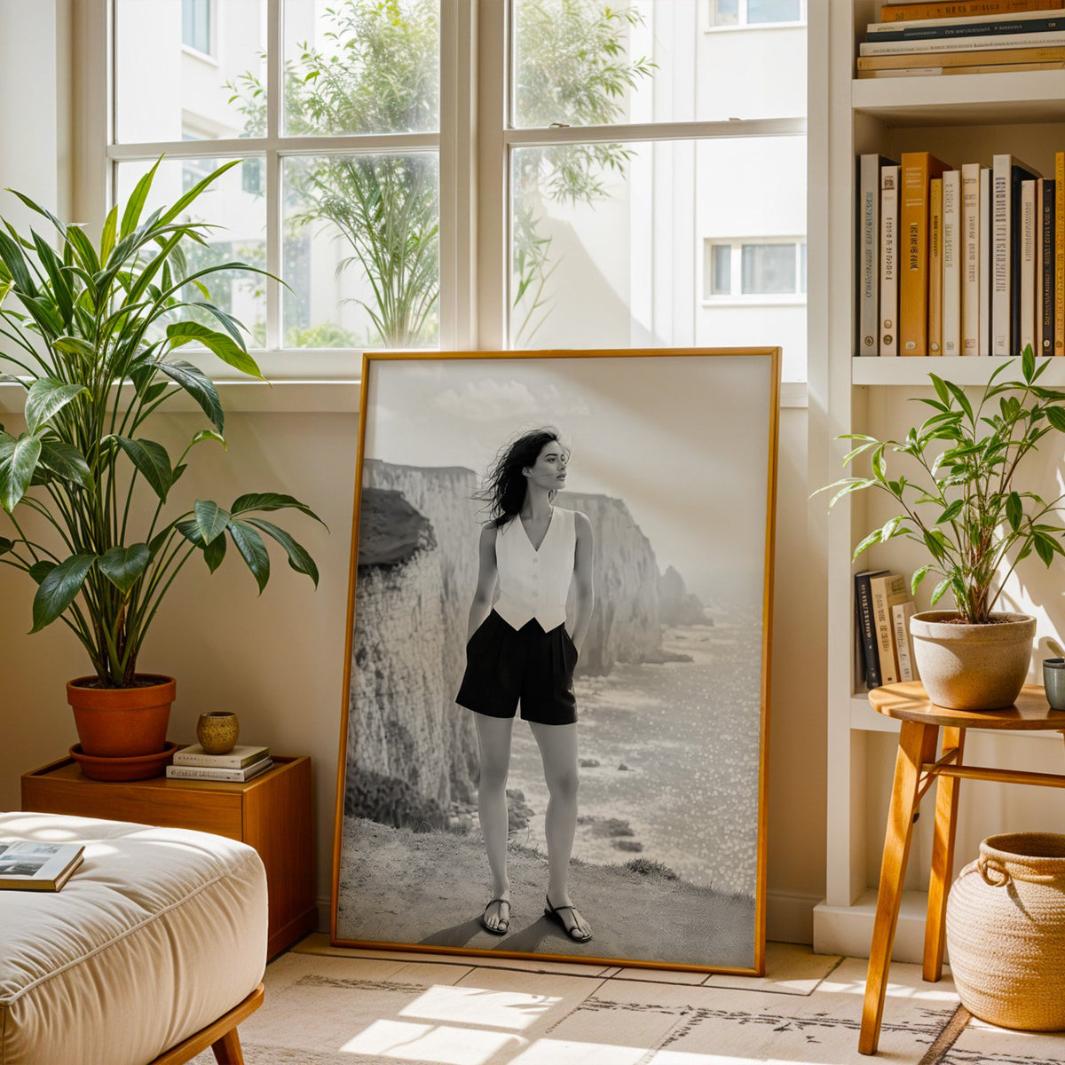 Black and white model in white vest on cliffs print shown in a brass frame leaning on a sunlit living room floor