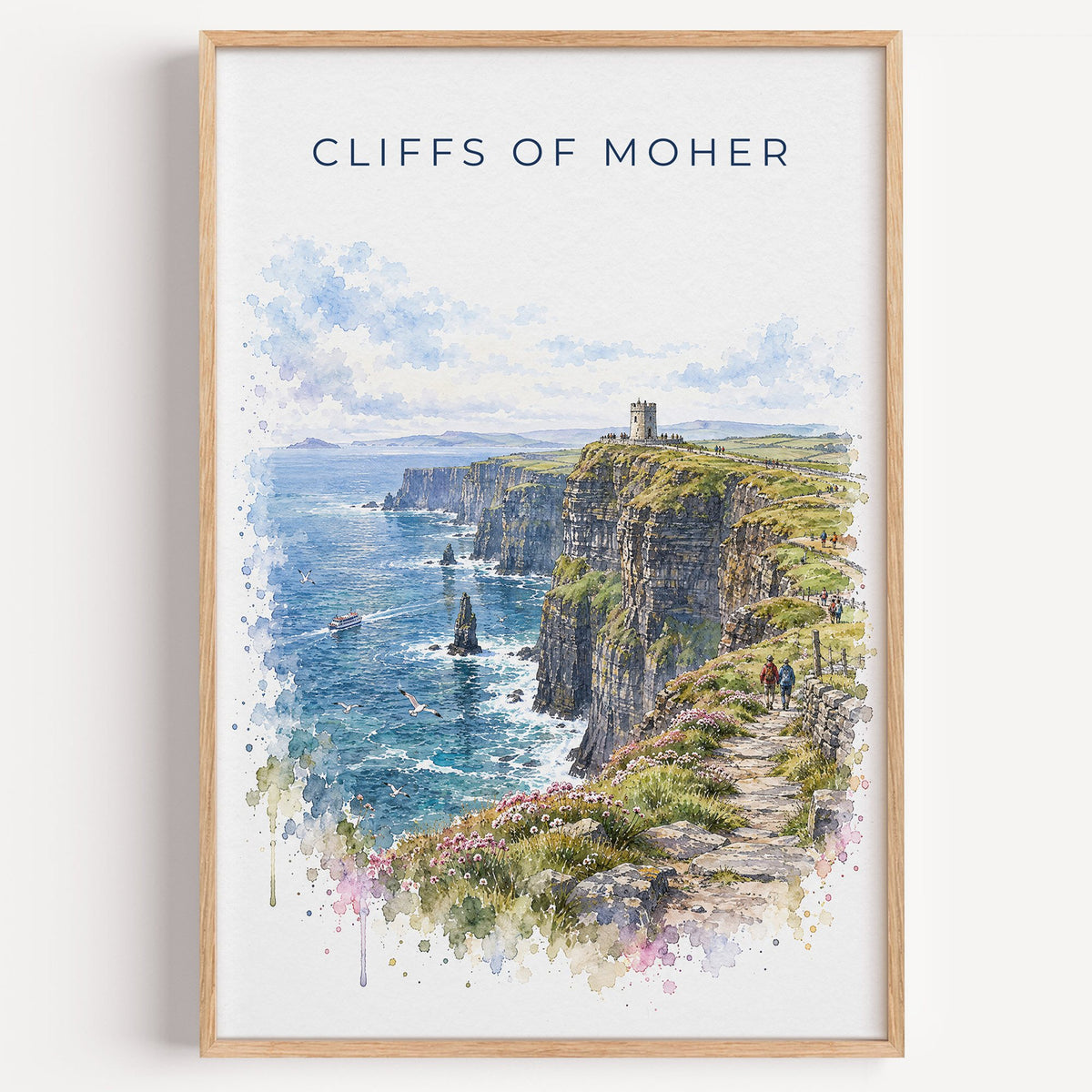 Cliffs of Moher watercolor print in a light oak frame on a plain white wall