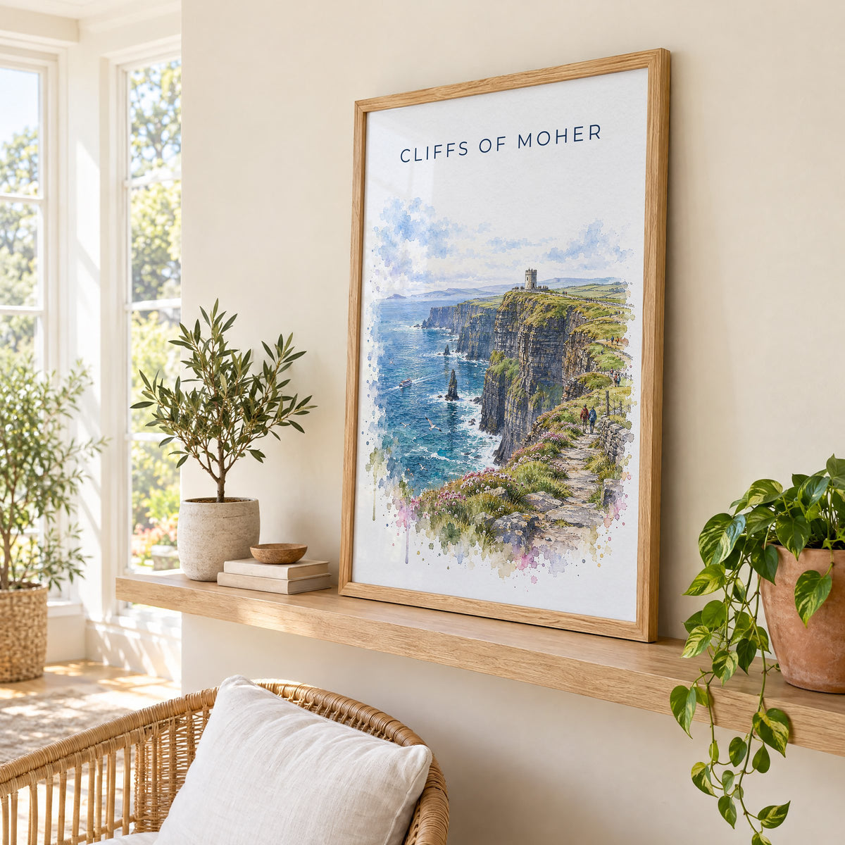 Cliffs of Moher watercolor print in an oak frame on a picture ledge in a sunlit sunroom