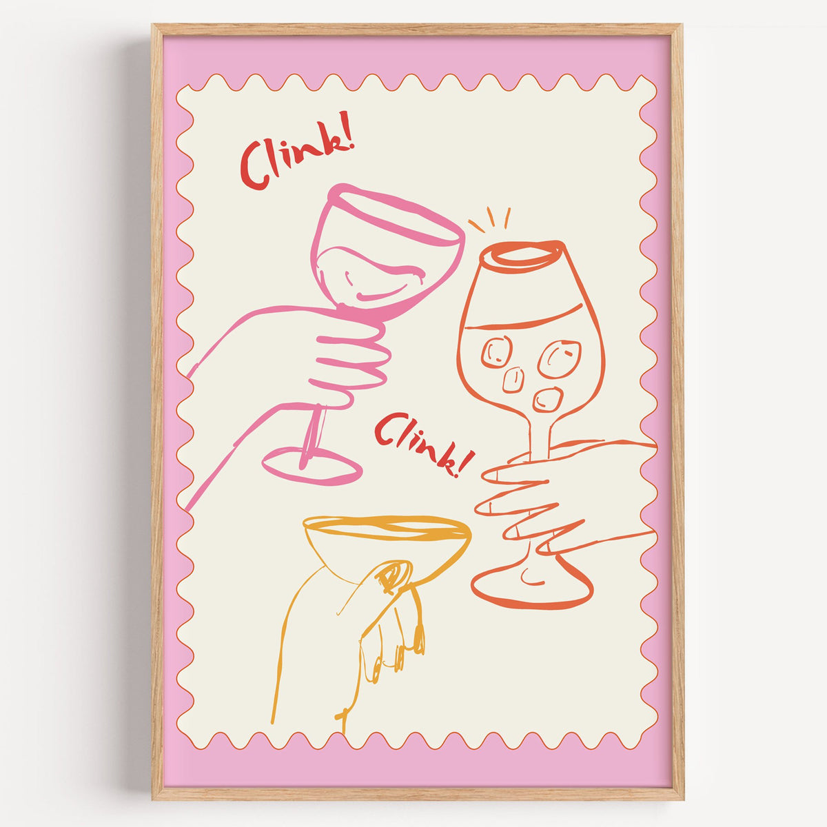 Clink Clink three glasses toast print in a light oak frame on a plain white wall