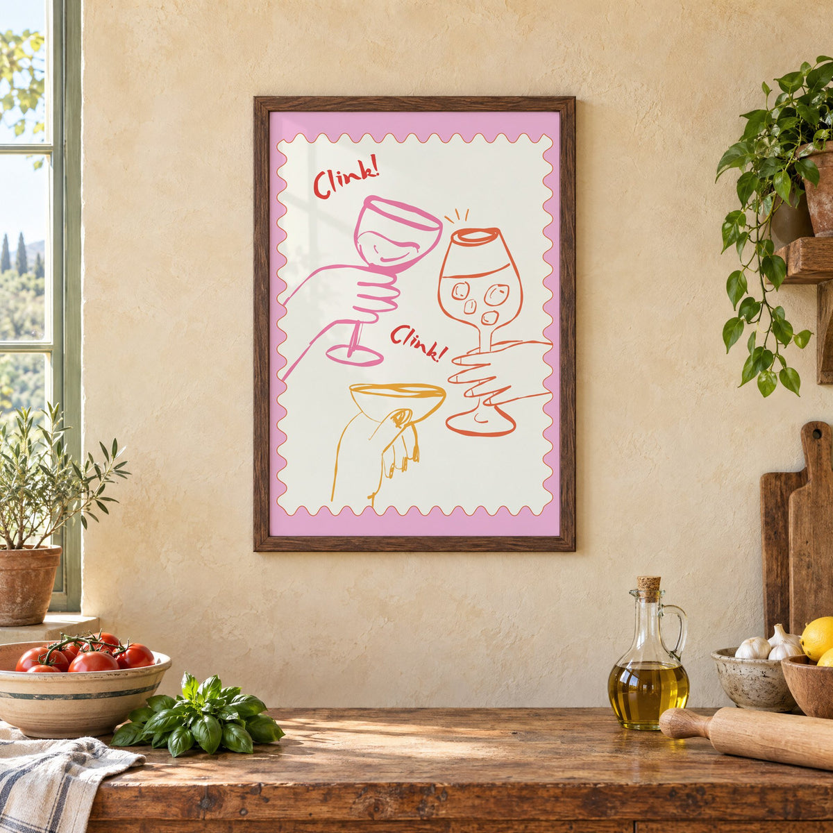 Clink Clink three glasses toast print in a walnut frame above a rustic Italian kitchen table with tomatoes