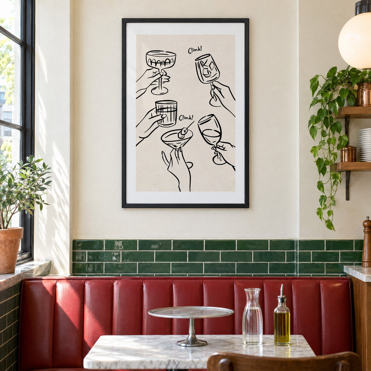 Clink! black line-art cocktail toast print in a black frame above a red leather booth in a sunny pizzeria