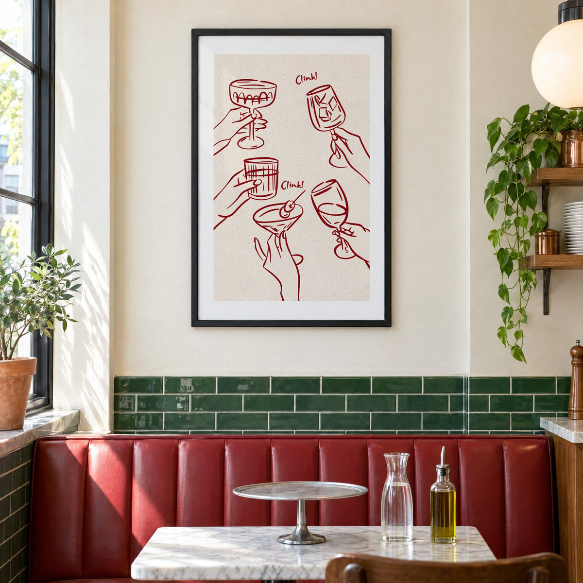 Clink! wine-red cocktail toast print in a black frame above a red leather booth in a sunny pizzeria