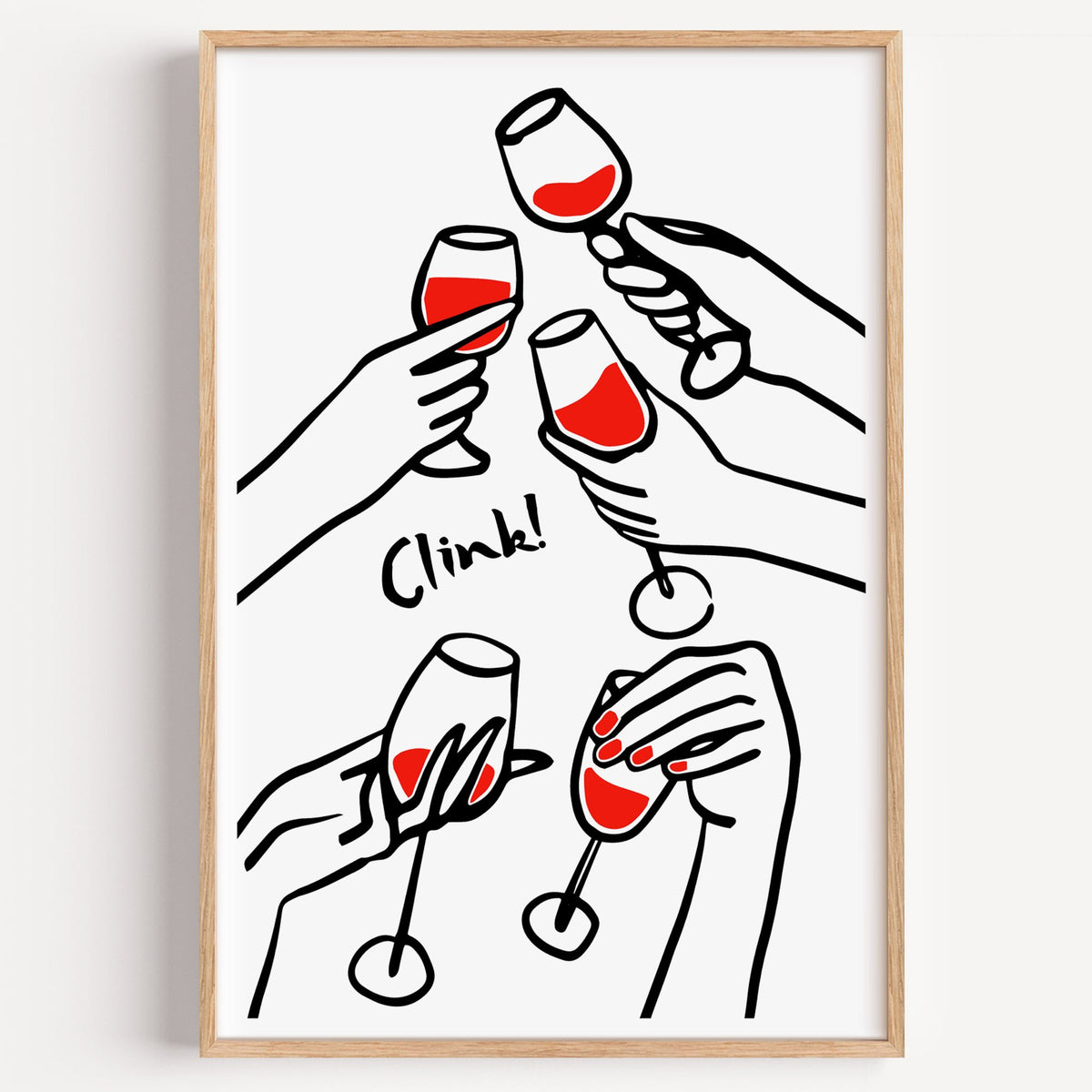 Clink five hands red wine toast print in a light oak frame on a plain white wall