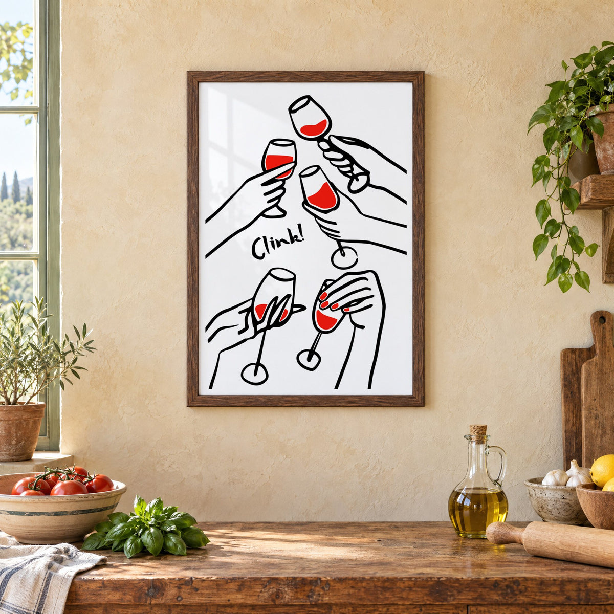 Clink five hands red wine toast print in a walnut frame above a rustic Italian kitchen table with tomatoes