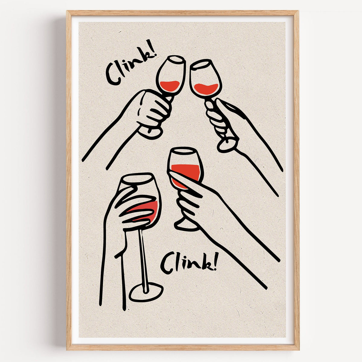 Clink! red wine toast kraft print in a light oak frame on a plain white wall
