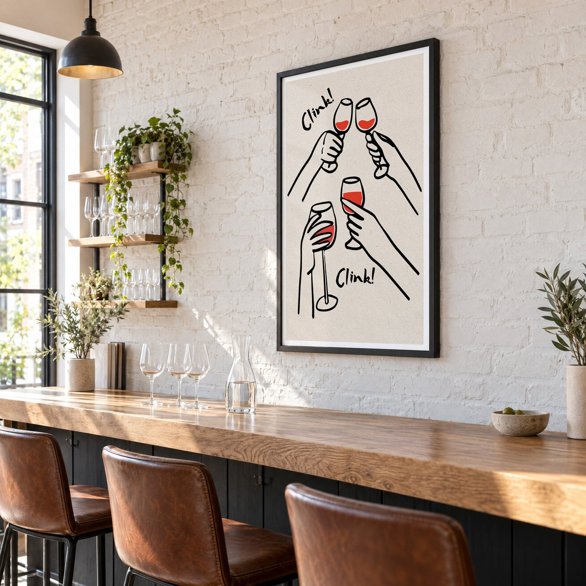Clink! red wine toast kraft print in a black frame on a white brick wall above a wine bar counter
