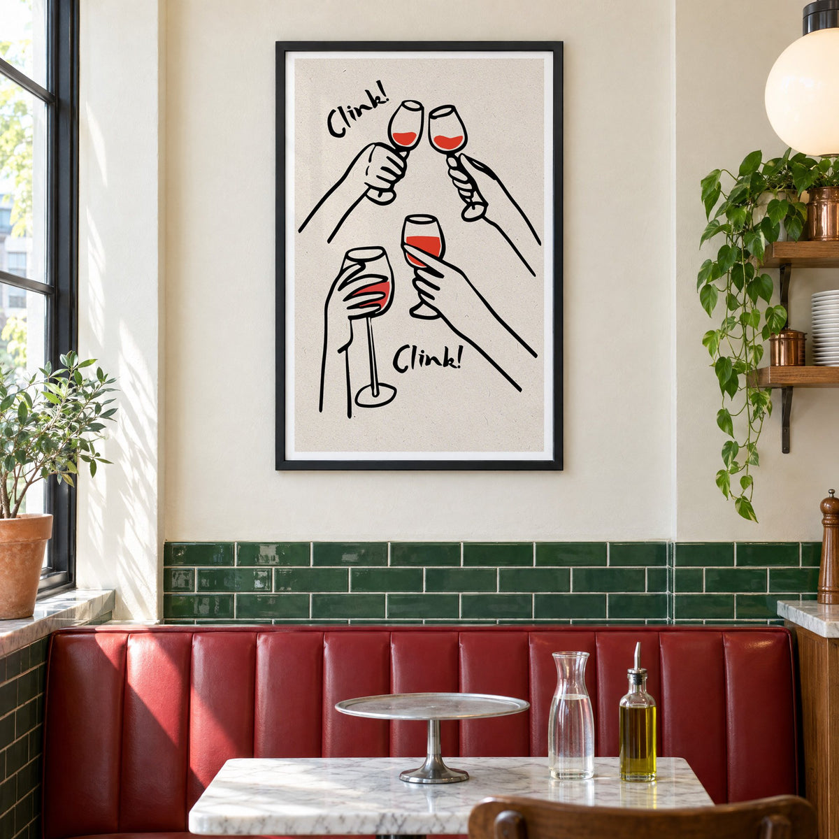 Clink! red wine toast kraft print in a black frame above a red leather booth in a sunny pizzeria