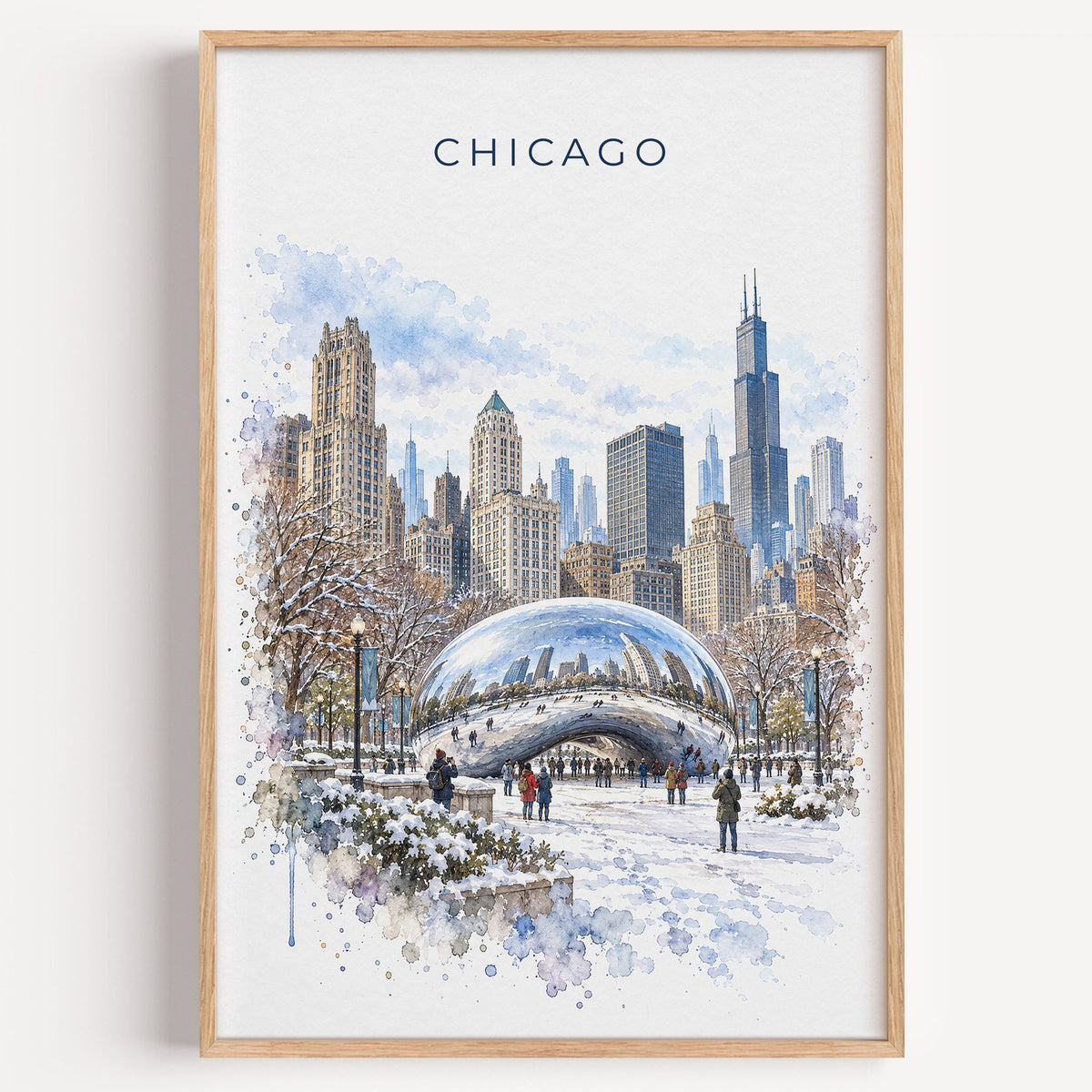 Cloud Gate watercolor print in a light oak frame on a plain white wall