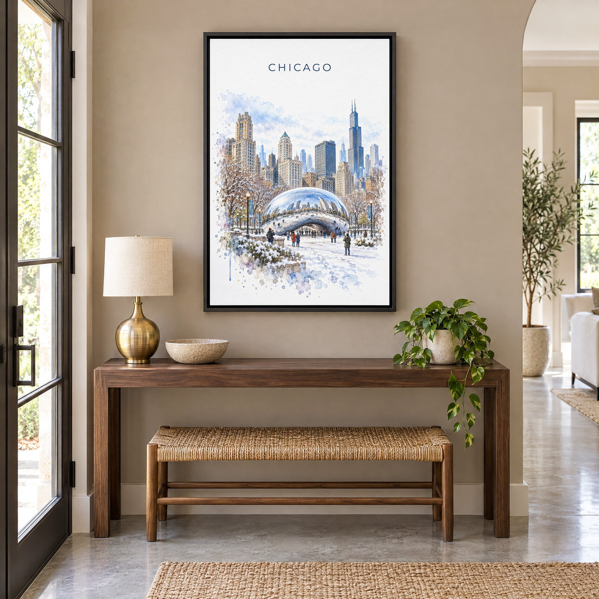 Cloud Gate watercolor print as a black floater canvas above a walnut console and woven bench in an entryway
