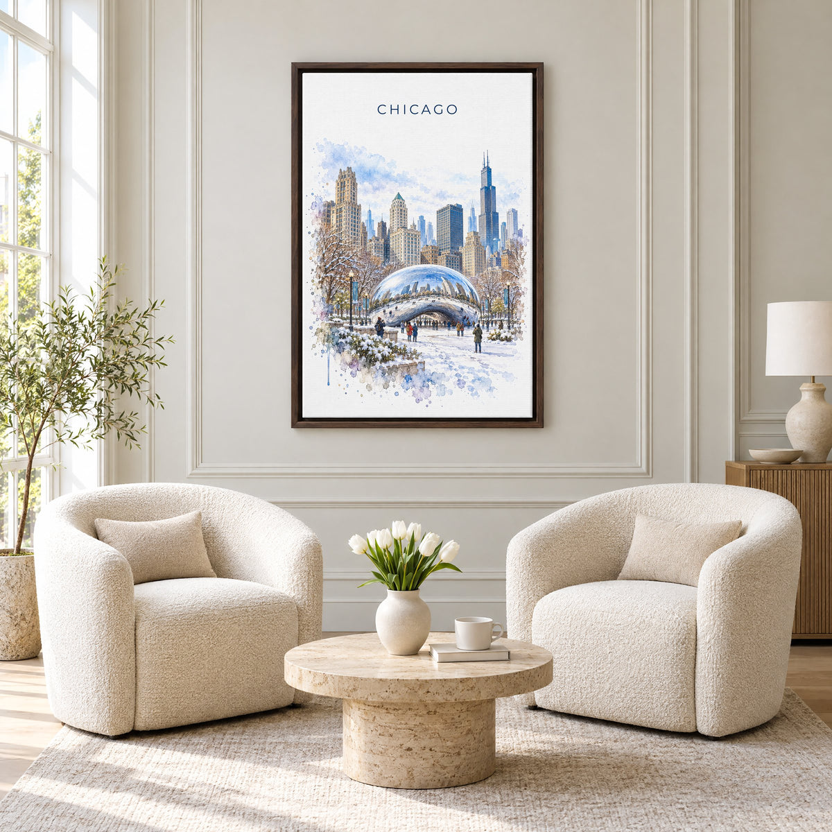 Cloud Gate watercolor print as an espresso floater canvas above two boucle armchairs in a hotel lounge