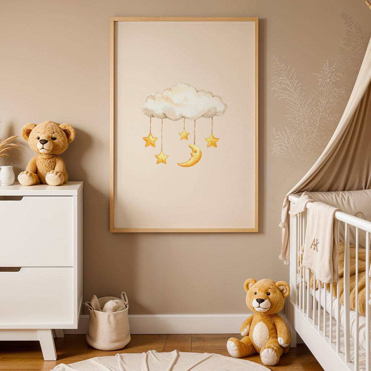 Cloud mobile with moon and stars nursery print in an oak frame between a white dresser and a canopy crib