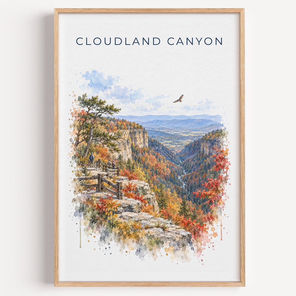 Cloudland Canyon State Park watercolor print in a light oak frame on a plain white wall