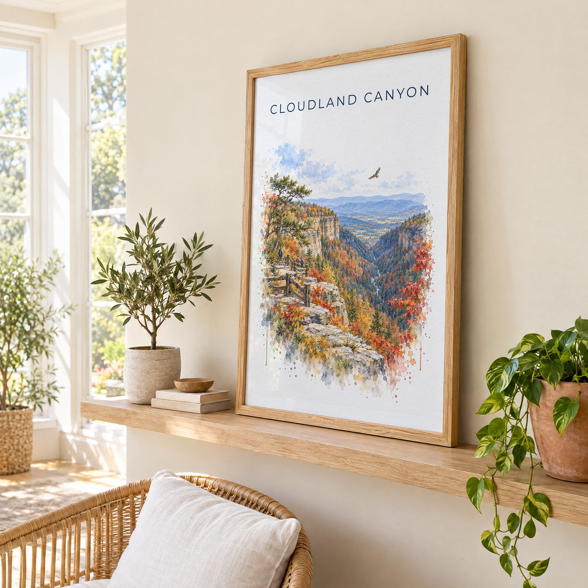 Cloudland Canyon State Park watercolor print in an oak frame on a picture ledge in a sunlit sunroom
