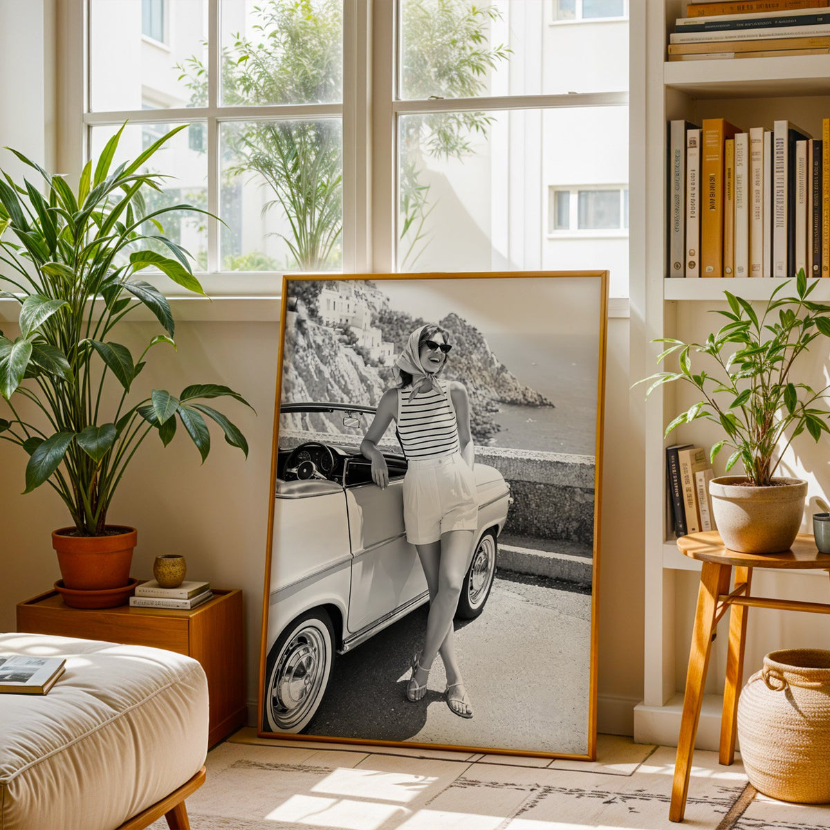 Woman leaning on vintage convertible by the sea print shown in a brass frame leaning on a sunlit living room floor