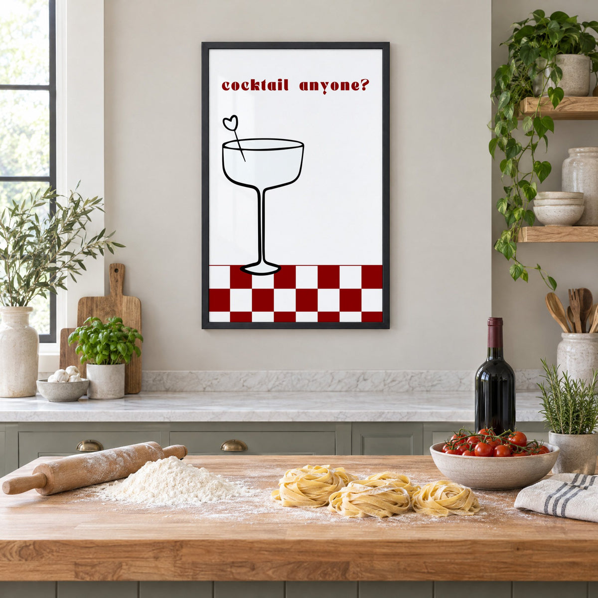 cocktail anyone? coupe check floor print in a black frame above a butcher-block island with fresh pasta, flour and cherry tomatoes