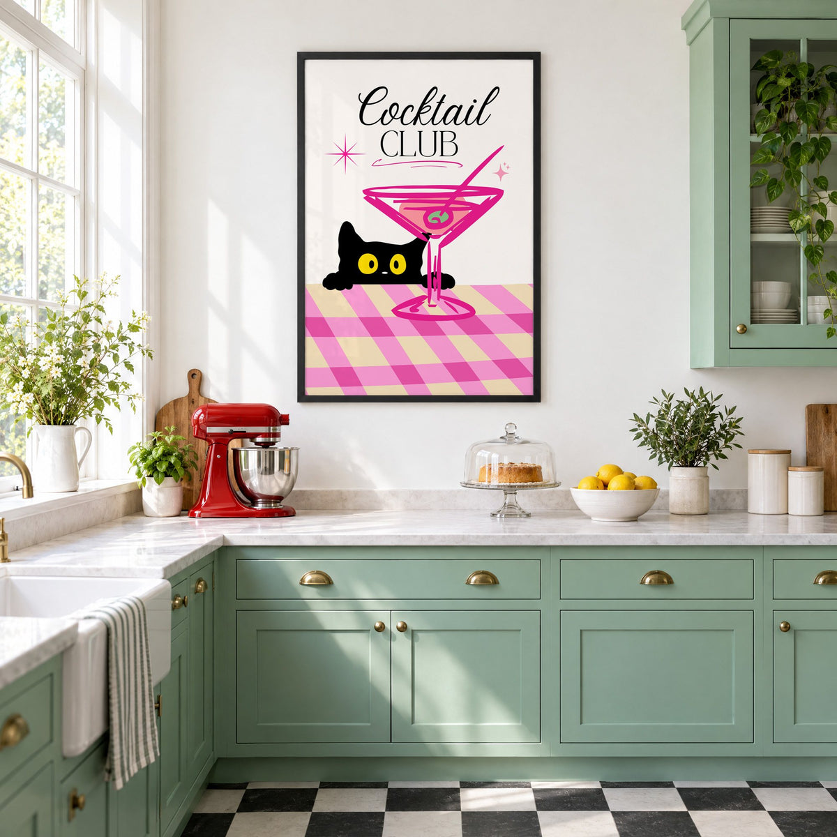 Cocktail Club black cat martini print in a black frame in a mint green retro kitchen above a red stand mixer