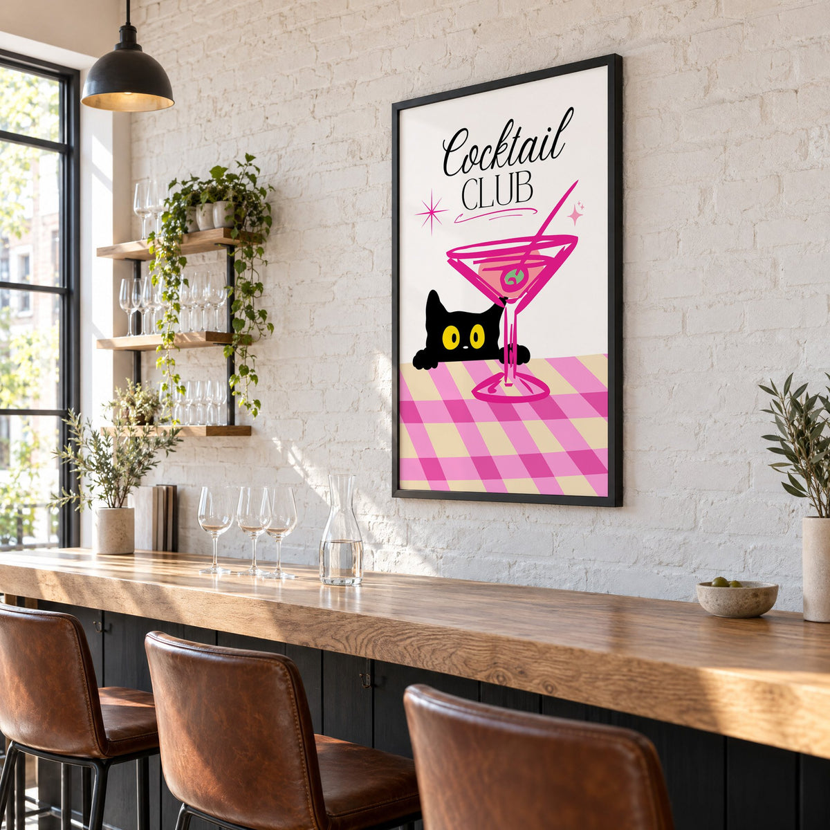 Cocktail Club black cat martini print in a black frame on a white brick wall above a wine bar counter