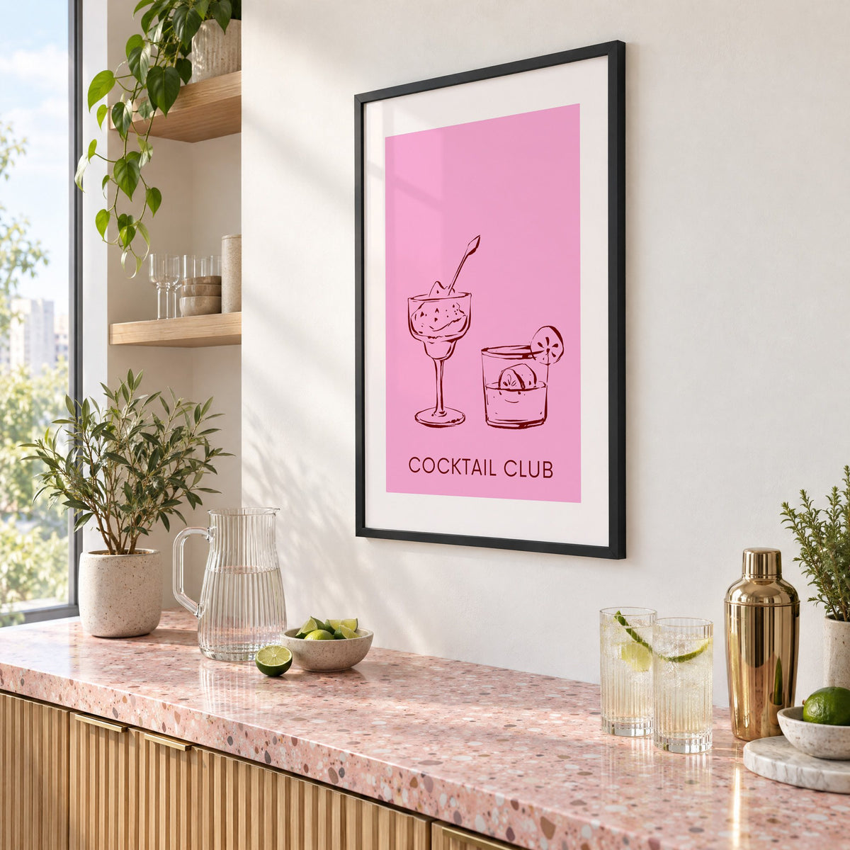 Cocktail Club sketched glasses pink print in a black frame above a pink terrazzo cocktail counter with limes, seen at an angle