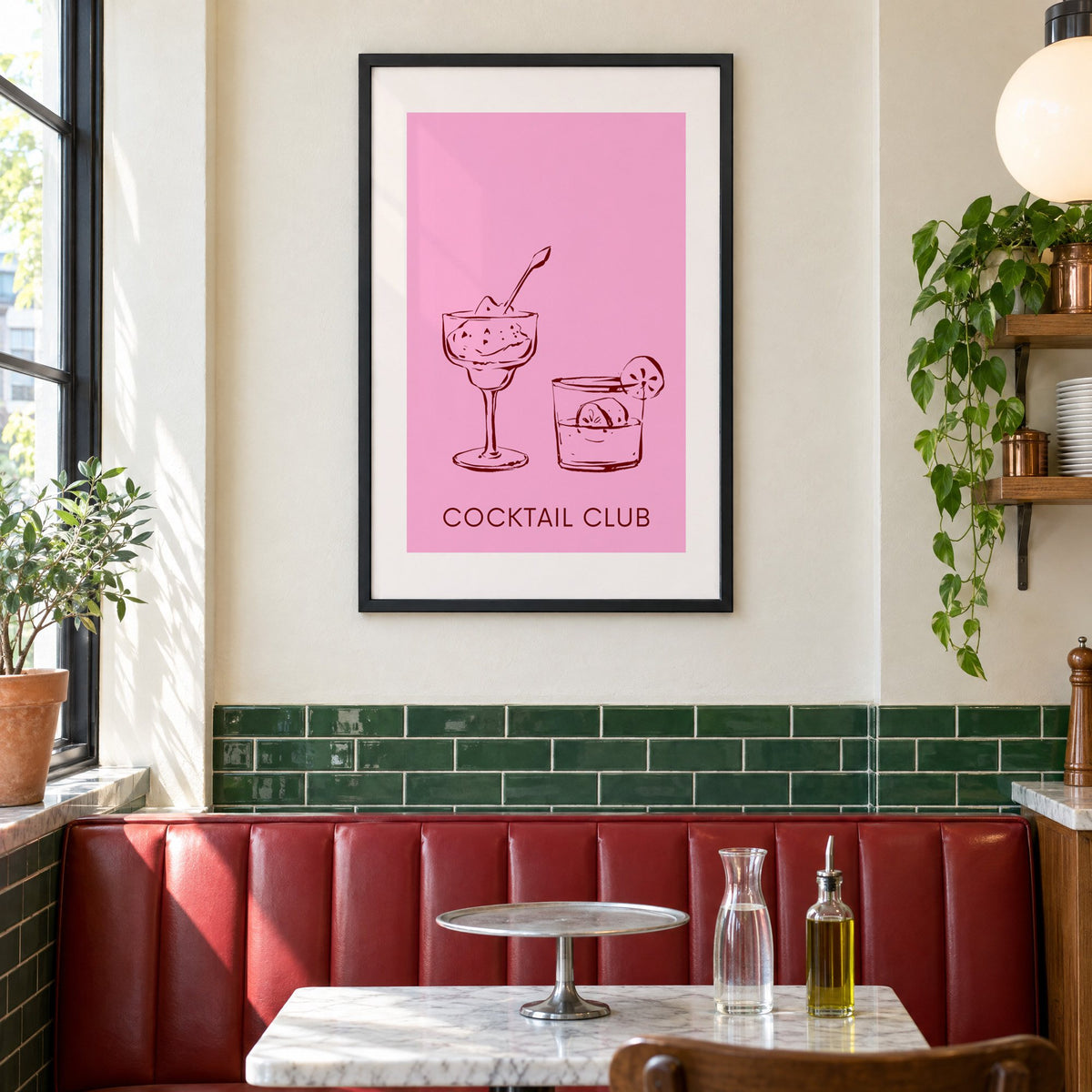Cocktail Club sketched glasses pink print in a black frame above a red leather booth in a sunny pizzeria