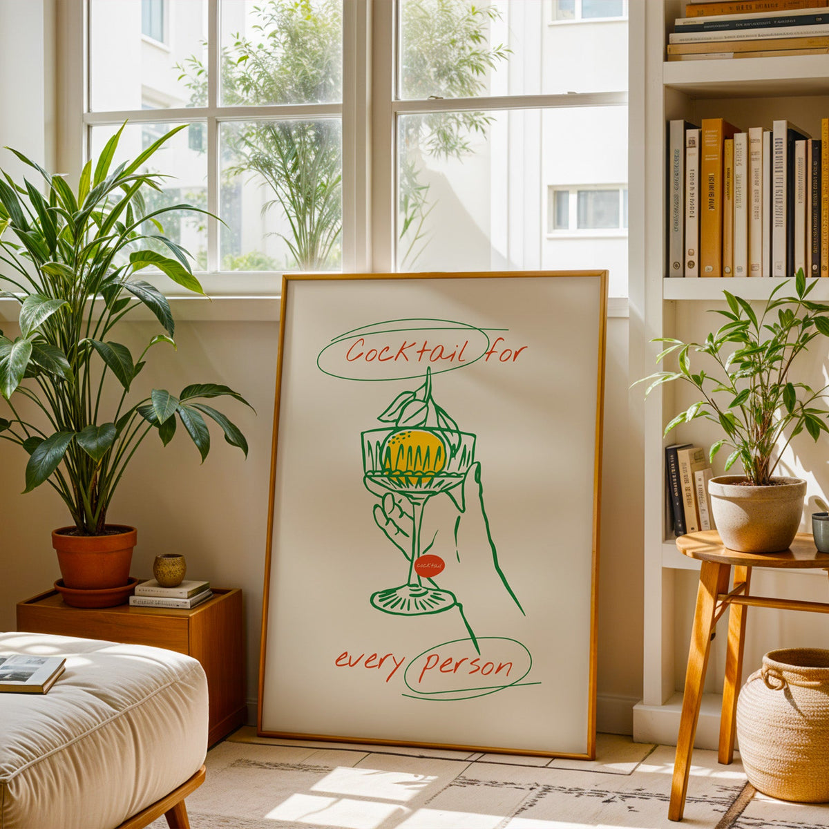 Cocktail for Every Person print in a brass frame resting on a berber rug