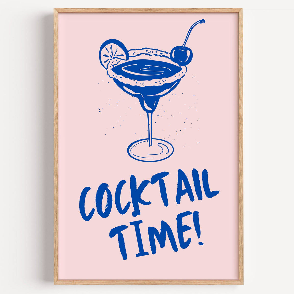 Cocktail Time blue margarita print in a light oak frame on a plain white wall