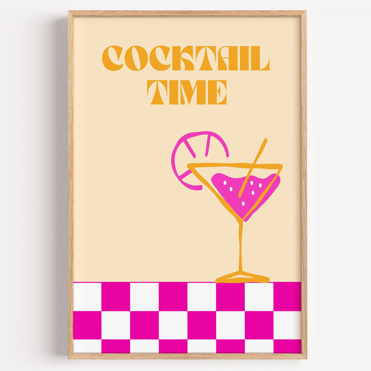 Cocktail Time martini checkerboard print in a light oak frame on a plain white wall