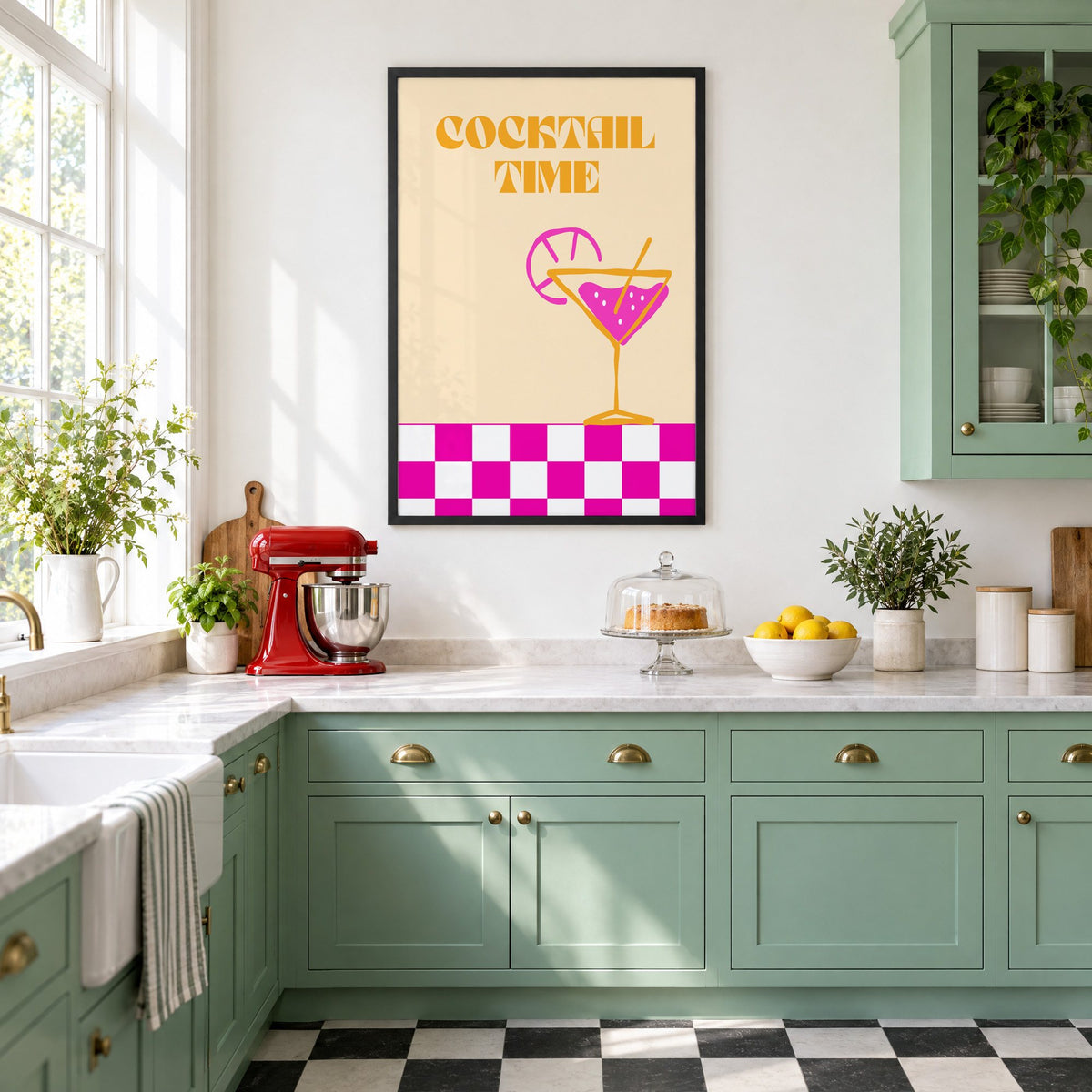 Cocktail Time martini checkerboard print in a black frame in a mint green retro kitchen above a red stand mixer