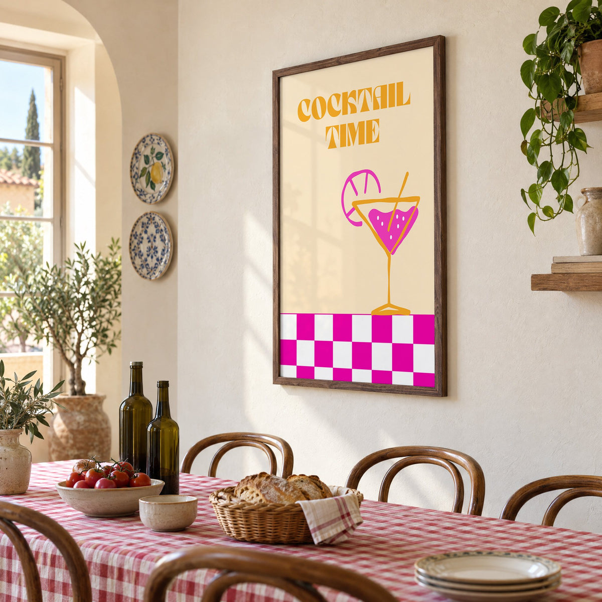 Cocktail Time martini checkerboard print in a walnut frame above a gingham-covered trattoria table, seen at an angle