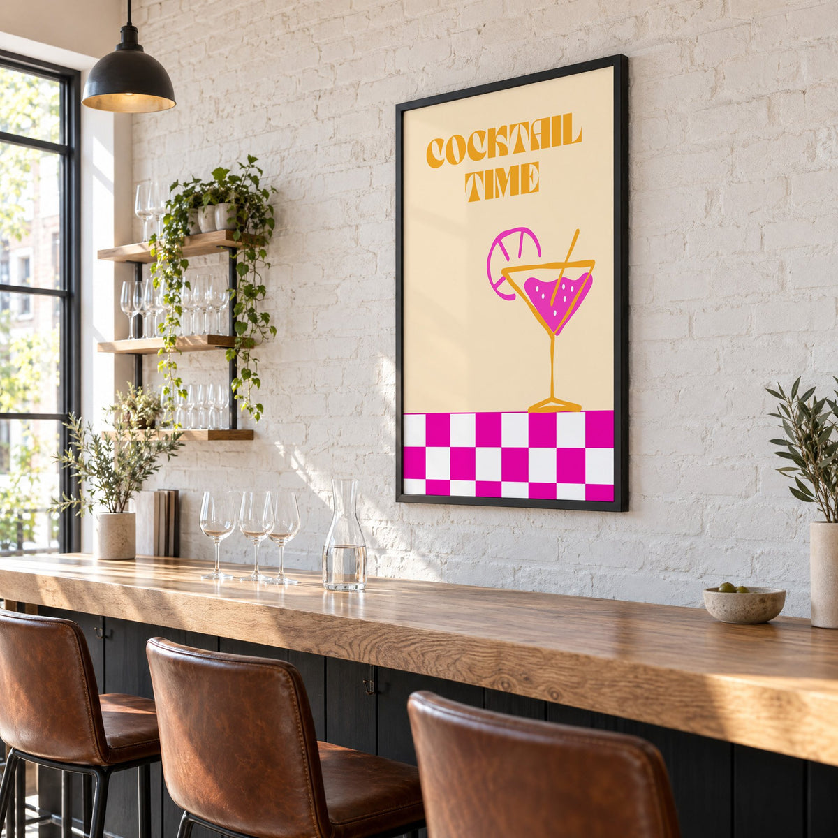 Cocktail Time martini checkerboard print in a black frame on a white brick wall above a wine bar counter