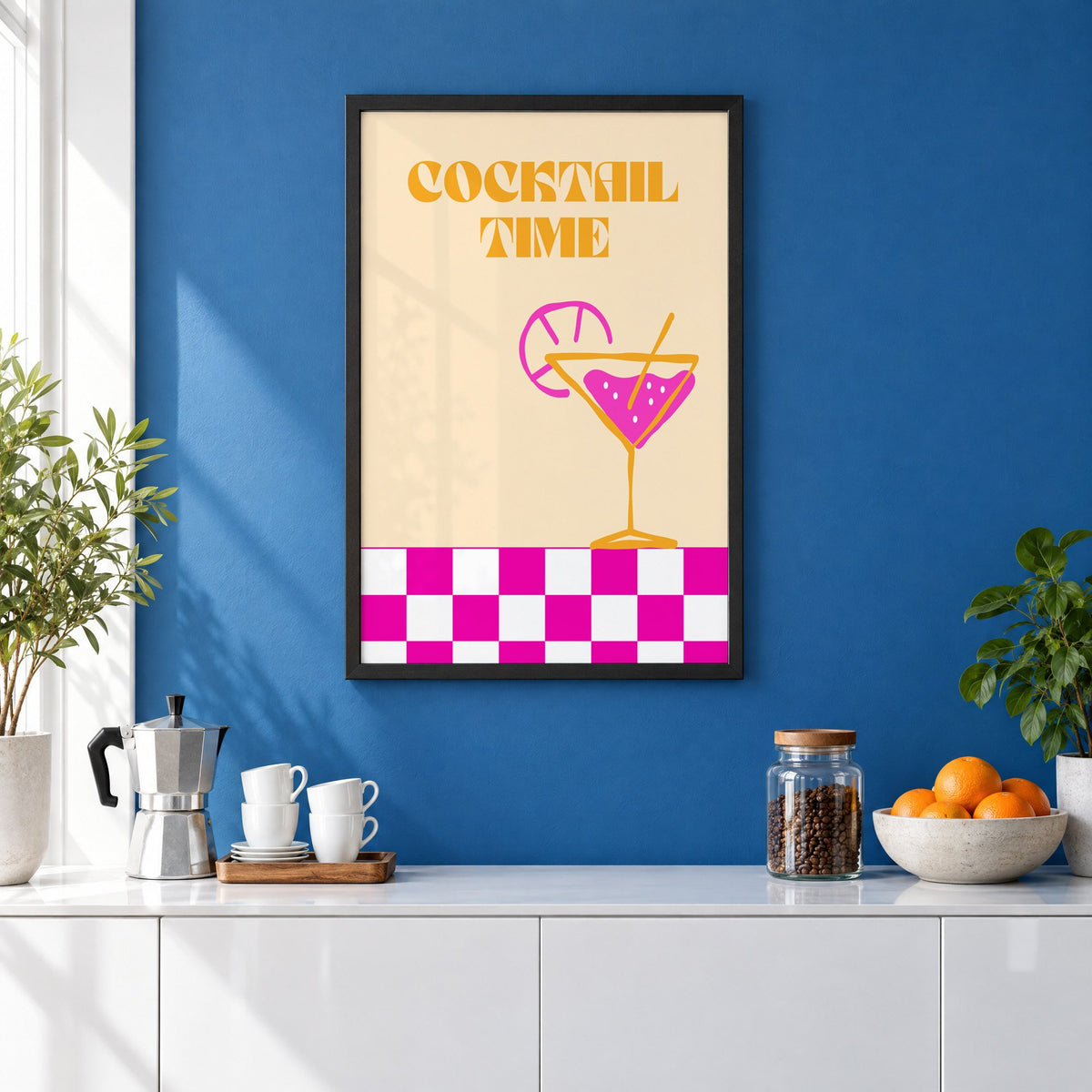 Cocktail Time martini checkerboard print in a black frame on a cobalt blue wall above a coffee station