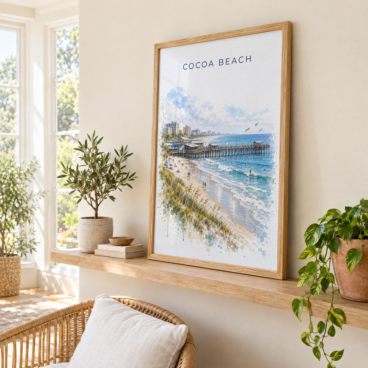 Cocoa Beach watercolor print in an oak frame on a picture ledge in a sunlit sunroom