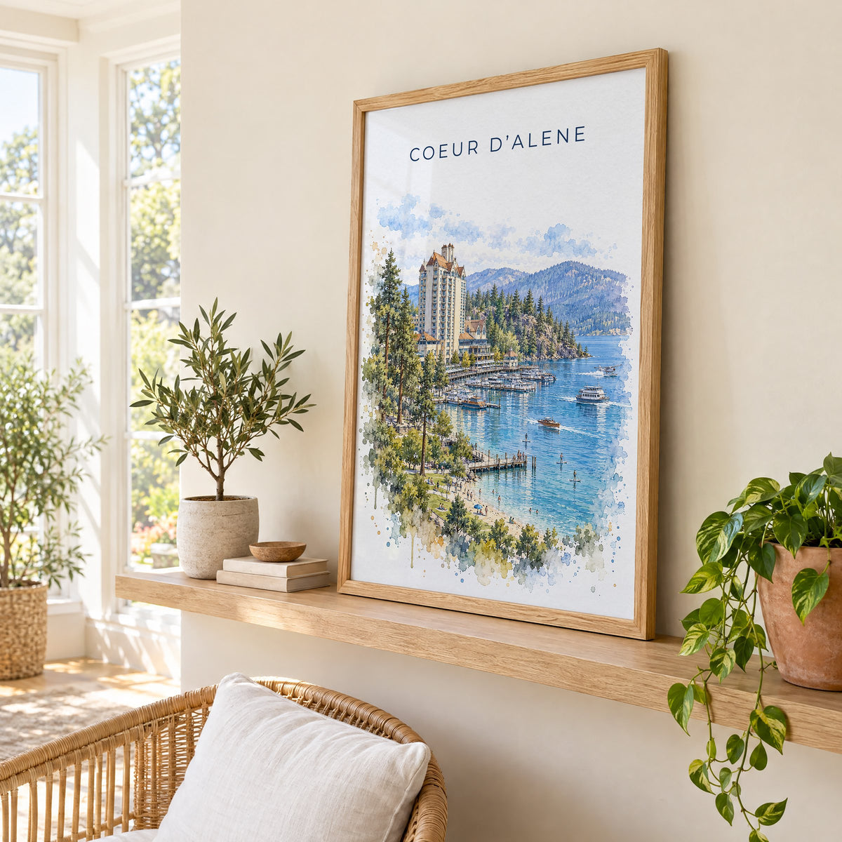 Coeur d'Alene watercolor print in an oak frame on a picture ledge in a sunlit sunroom