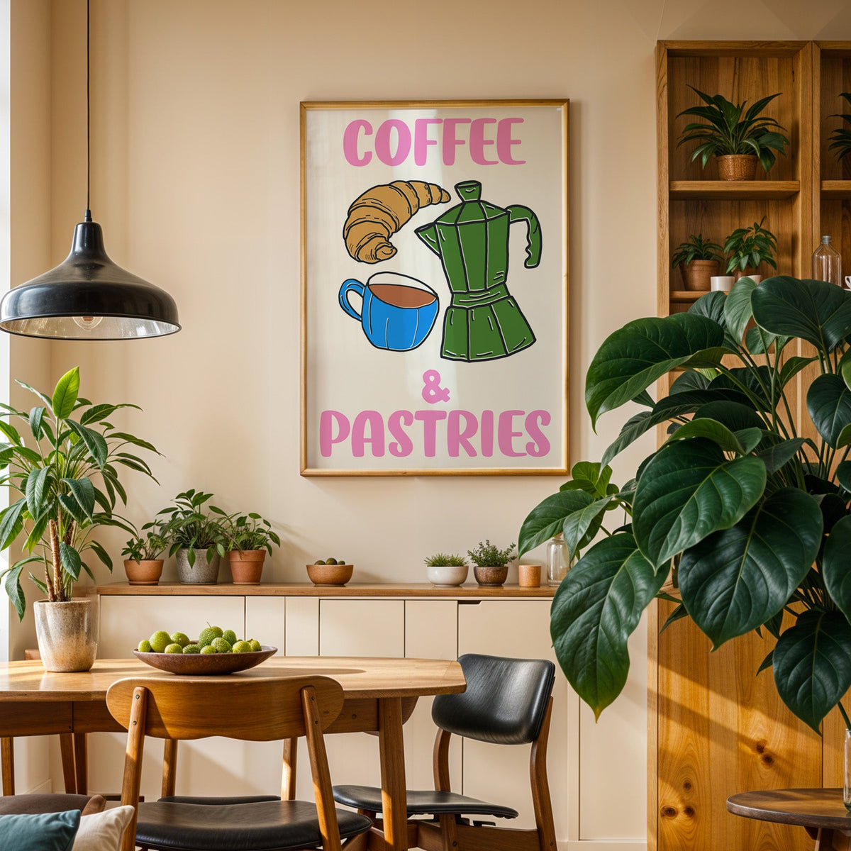 Coffee and pastries print in an oak frame above a sideboard in a plant-filled dining room