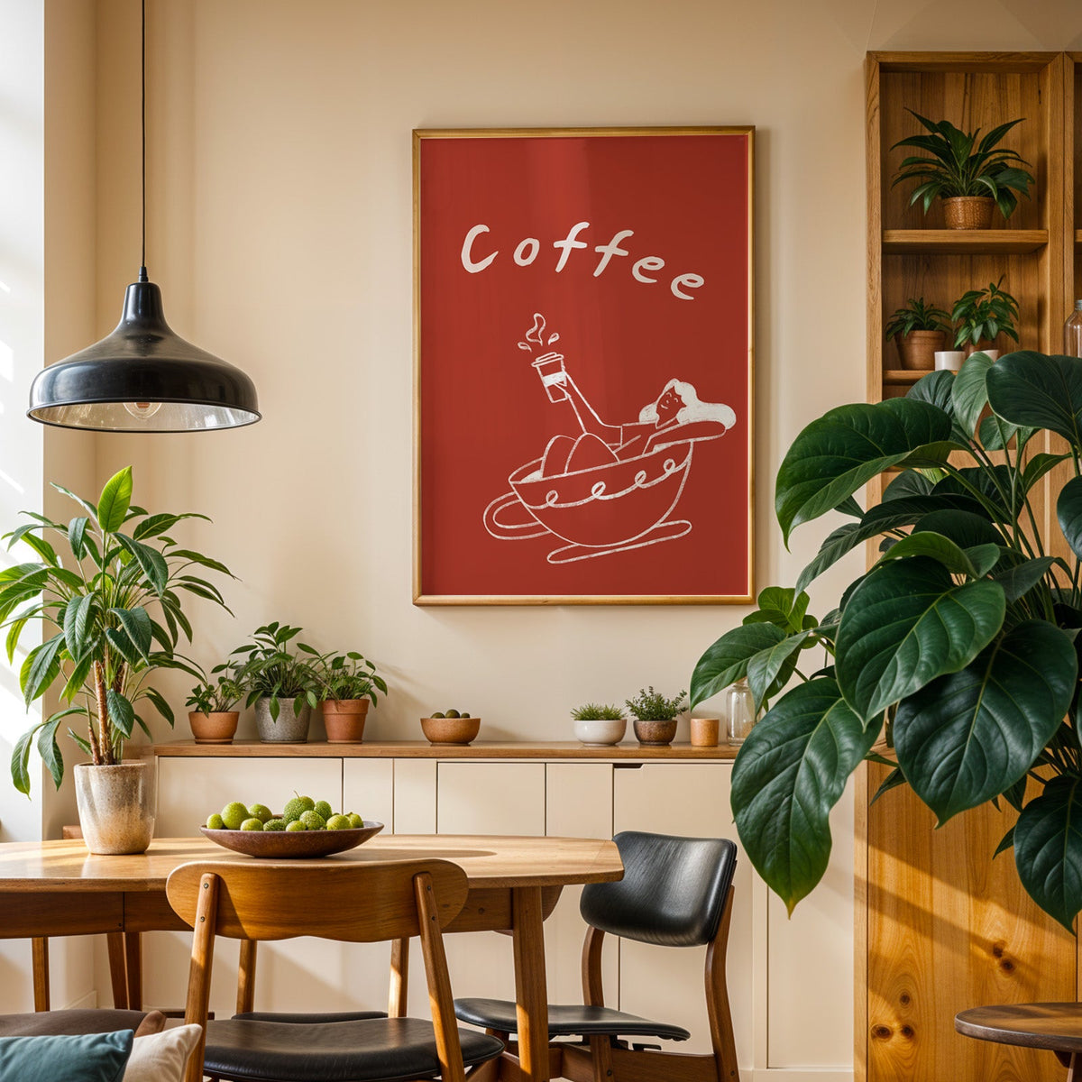 Coffee Bath print in an oak frame in a dining room above a plant-lined sideboard