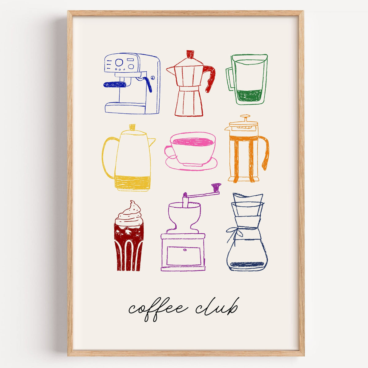 Coffee club brewer grid print in a light oak frame on a plain white wall