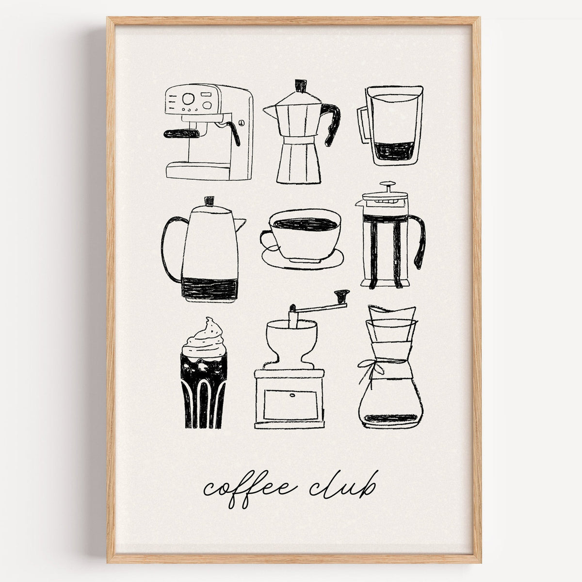 Coffee Club brewer line grid print in a light oak frame on a plain white wall