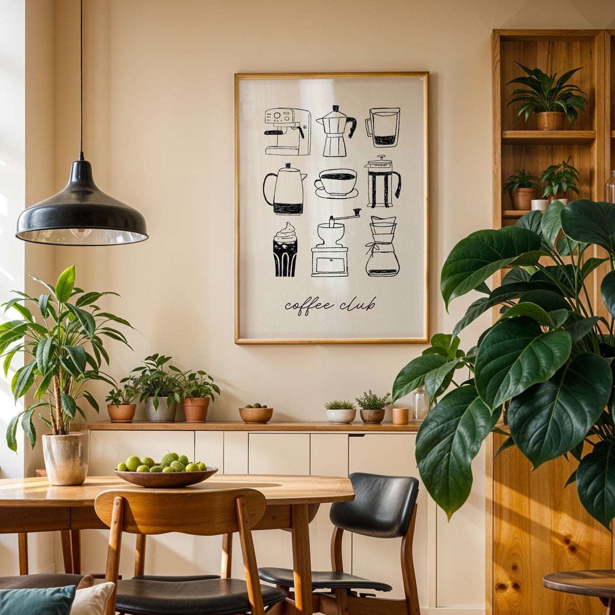 Coffee Club brewer grid print in an oak frame in a dining room above a plant-lined sideboard