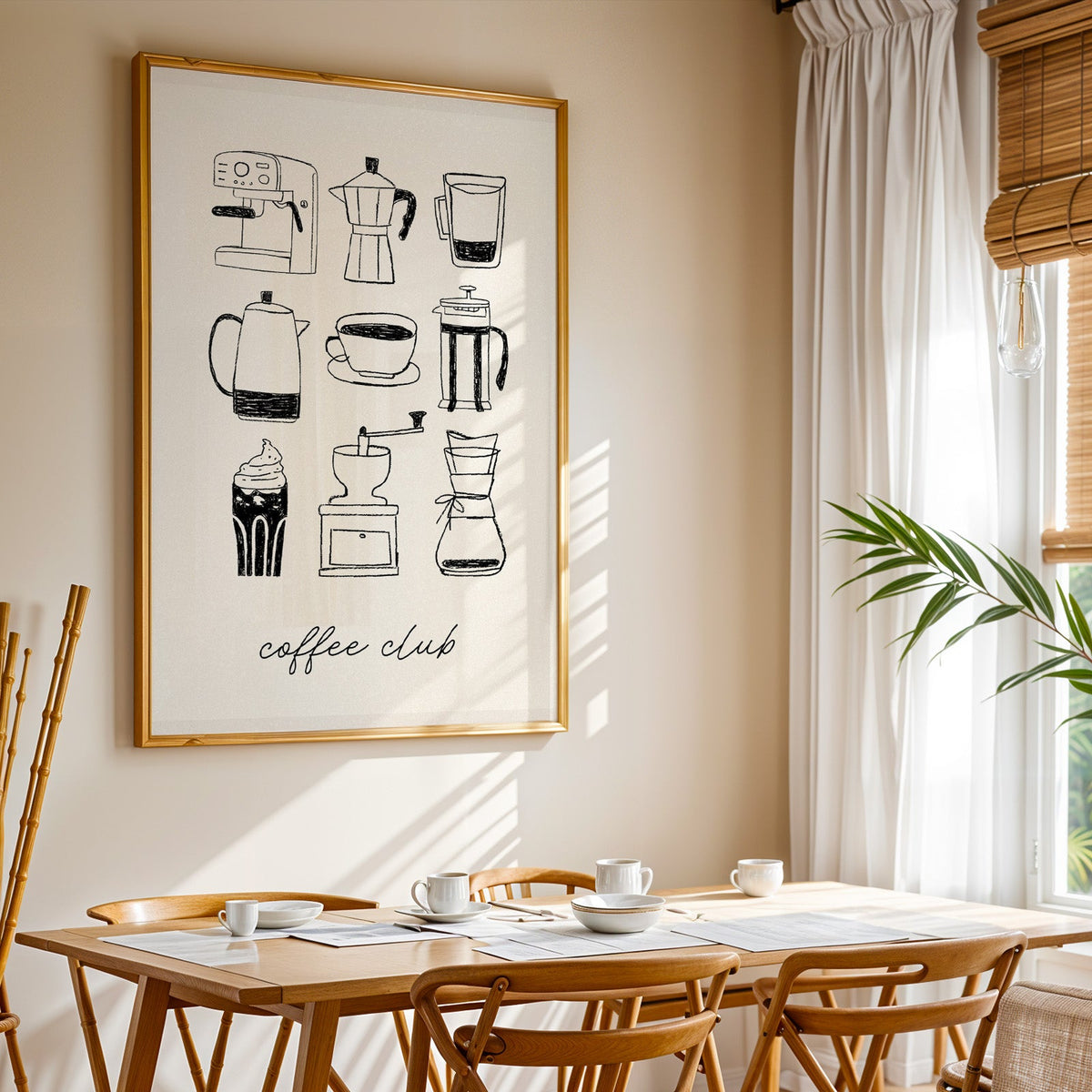 Coffee Club brewer grid print shown in a gold frame above a breakfast table by a curtained window