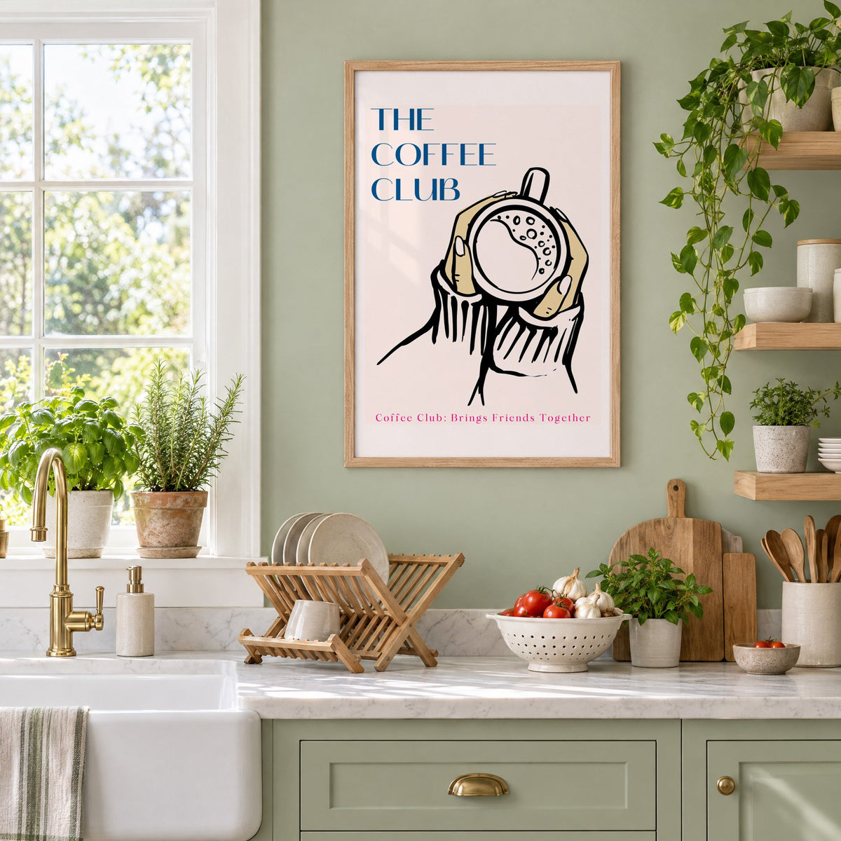 The Coffee Club hands and cup print in an oak frame on a sage green kitchen wall beside a farmhouse sink and herbs