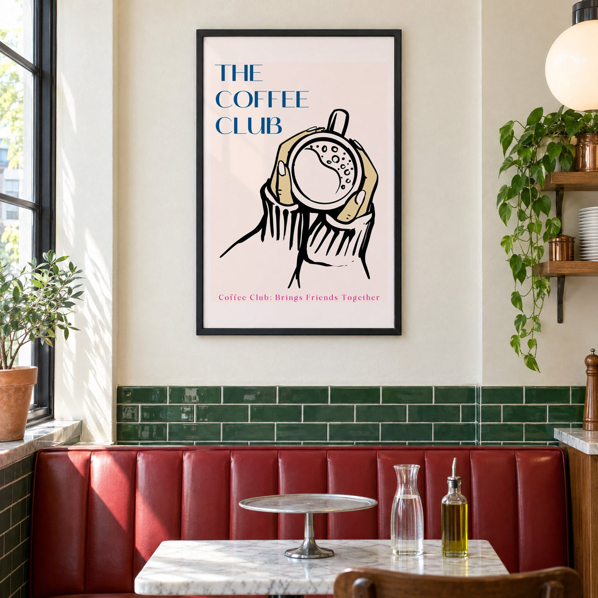 The Coffee Club hands and cup print in a black frame above a red leather booth in a sunny pizzeria