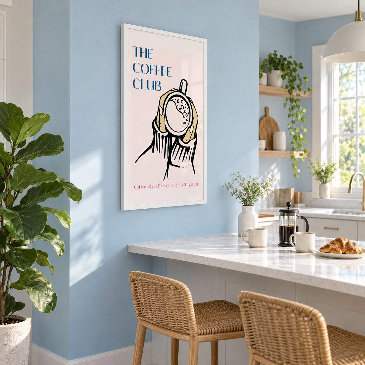 The Coffee Club hands and cup print in a white frame on a pale blue wall above a breakfast bar with rattan stools